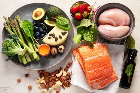 Healthy low carbs products. Ketogenic diet concept on a white background. Top view.の写真素材
