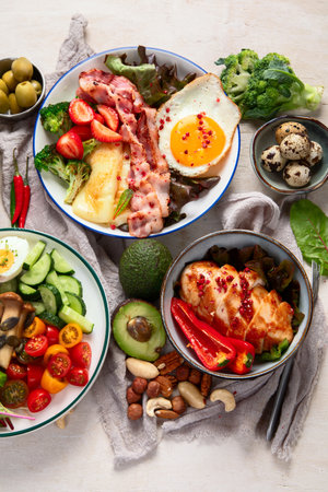 Healthy food, keto diet, diet lunch concept. Assortment of various healthy keto meals Top view on white background.の写真素材