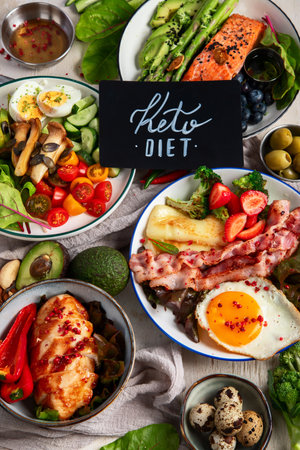 Healthy food, keto diet, diet lunch concept. Assortment of various healthy keto meals Top view on white background.の写真素材