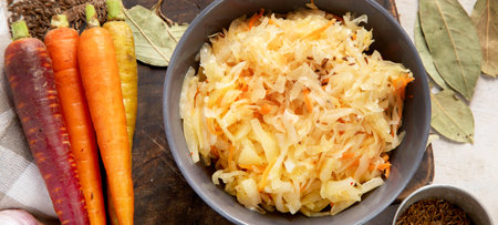 Winter salad on wooden light background. Homemade sauerkraut cabbage with carrot. Tasty food. Top view, bannerの写真素材