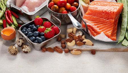 Ketogenic diet food. Healthy low carbs products. Keto diet concept. Vegetables, fish, meat, nuts, seeds, berries, cheese on a white background, top view. Copy space.の写真素材