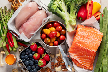 Ketogenic diet food. Healthy low carbs products. Keto diet concept. Vegetables, fish, meat, nuts, seeds, berries, cheese on a white background, top view.の写真素材