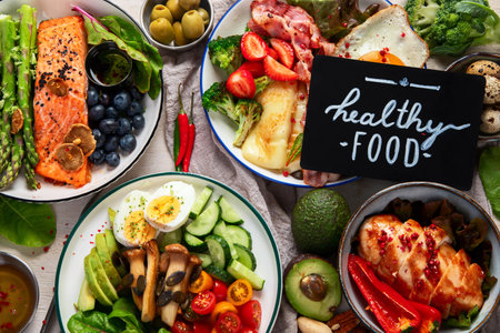 Healthy food, keto diet, diet lunch concept. Assortment of various healthy keto meals Top view on white background.の写真素材