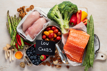 Ketogenic diet food. Healthy low carbs products. Keto diet concept. Vegetables, fish, meat, nuts, seeds, berries, cheese on a white background, top view.の写真素材