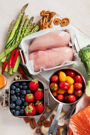 Ketogenic diet food. Healthy low carbs products. Keto diet concept. Vegetables, fish, meat, nuts, seeds, berries, cheese on a white background, top view.の写真素材