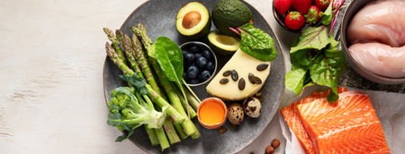 Healthy low carbs products. Ketogenic diet concept on a white background. Top view. Panorama with copy space.の写真素材