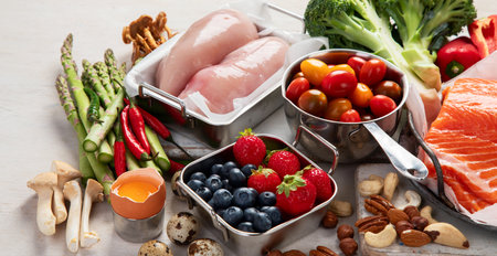 Ketogenic diet food. Healthy low carbs products. Keto diet concept. Vegetables, fish, meat, nuts, seeds, berries, cheese on a white background, top view. Panorama with copy space.の写真素材