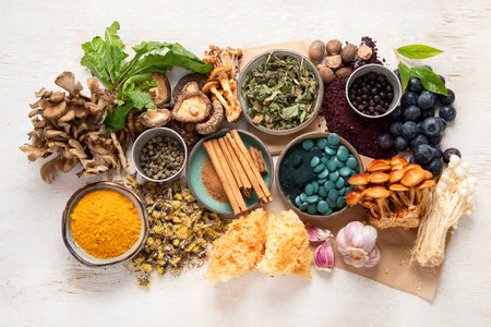 Adaptogen healthy food. Herb and spice collection on light background. Top viewの写真素材