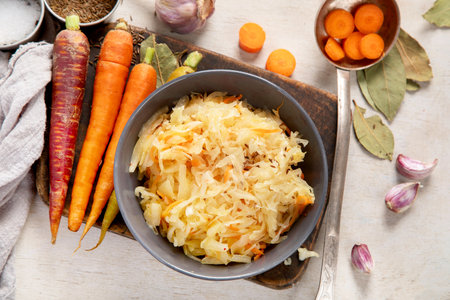 Winter salad on wooden light background. Homemade sauerkraut cabbage with carrot. Tasty food. Top viewの写真素材