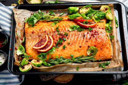 Cooked seafood on a black background. Baked salmon with onion, lemon, pomegranate juice. Top viewの写真素材