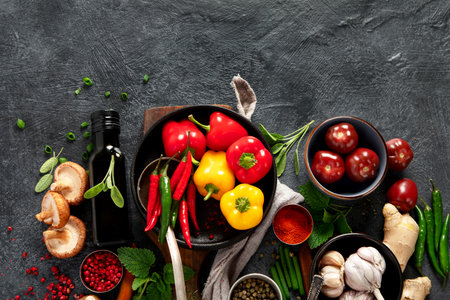 Spices, peppers, garlik, tomatoes, mushrooms on dark background. Ingredient for cooking. Top view, copy spaceの写真素材