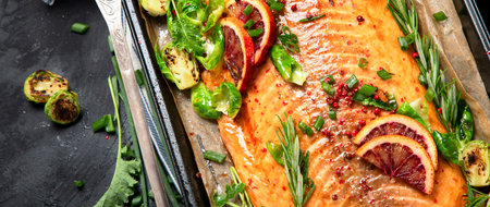 Cooked seafood on a black background. Baked salmon with onion, lemon, pomegranate juice. Top viewの写真素材