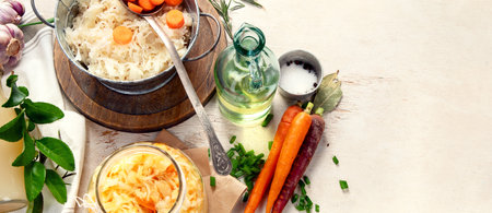 Winter salad of marinated cabbage and carrot Homemade sauerkraut in a jar on wooden background. Top view, copy spaceの写真素材