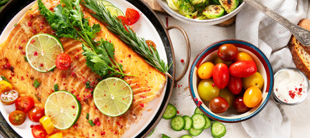 Grilled salmon and vegetables on wooden light background. Dinner table with cooked fish, tomatoes, asparagus. Top view, copy spaceの写真素材