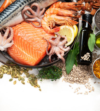 Food rich in omega 3 fatty acids and healthy fats. Healthy keto and low carb diet eating concept. Top view. Copy space.の写真素材