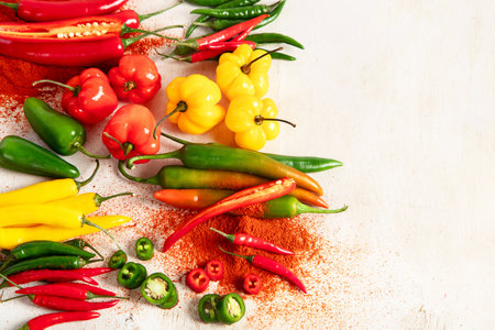 Colorful raw peppers on a light wooden background. Delicious vegetables concept. Top view, copy spaceの写真素材
