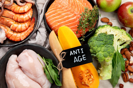 Anti Aging foods on light background. Food for healthy heart, brain and good memory. High in antioxidants, minerals and vitamins. Top view.の写真素材