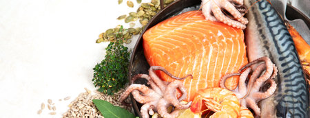 Food rich in omega 3 fatty acids and healthy fats. Healthy keto and low carb diet eating concept. Top view.の写真素材