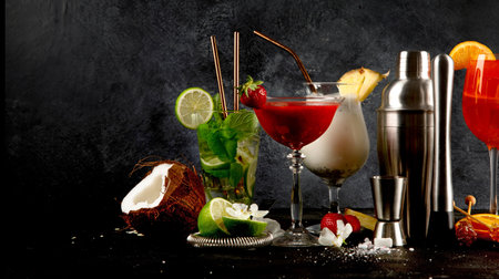 Summer cocktails in classic glasses on a black background. Party time. Tasty drinks.の写真素材