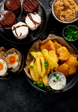Variety of classic traditional British dishes. Meals good for lunch, snack and dinner on a black background. Top view. Copy space.の写真素材