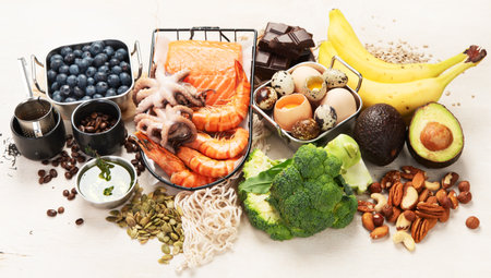 Best food for brain and memory on light background. Food for mind and charge of energy. Healthy lifestyle. Top viewの写真素材