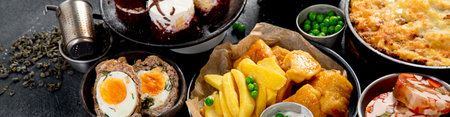 Variety of classic traditional British dishes. Meals good for lunch, snack and dinner on a black background. Top view. Panorama with copy space.の写真素材