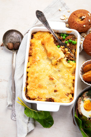 Variety of classic traditional British dishes. Meals good for lunch, snack and dinner on a light background. Top view.の写真素材