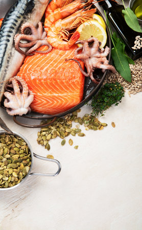 Food rich in omega 3 fatty acids and healthy fats. Healthy keto and low carb diet eating concept. Top view. Copy space.の写真素材