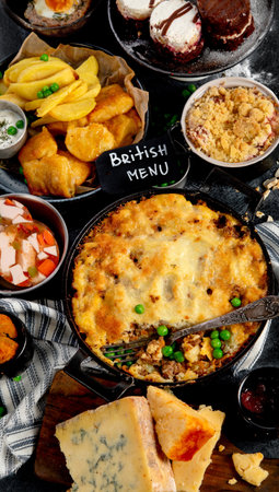 Variety of classic traditional British dishes. Meals good for lunch, snack and dinner on a black background. Top view.の写真素材
