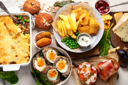 Variety of classic traditional British dishes. Meals good for lunch, snack and dinner on a light background. Top view.の写真素材