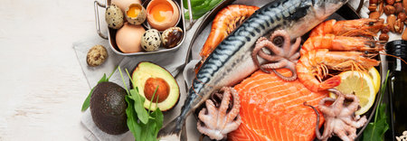 Food rich in omega 3 fatty acids and healthy fats. Healthy keto and low carb diet eating concept. Top view. Panorama with copy space.の写真素材