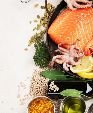 Food rich in omega 3 fatty acids and healthy fats. Healthy keto and low carb diet eating concept. Top view. Copy space.の写真素材