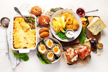 Variety of classic traditional British dishes. Meals good for lunch, snack and dinner on a light background. Top view.の写真素材