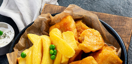 Plate with British traditional fish and potato chips on dark background, top view.