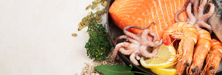 Food rich in omega 3 fatty acids and healthy fats. Healthy keto and low carb diet eating concept. Top view. Panorama with copy space.の写真素材