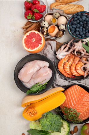 Anti Aging foods on light background. Food for healthy heart, brain and good memory. High in antioxidants, minerals and vitamins. Top view. Copy space.の写真素材
