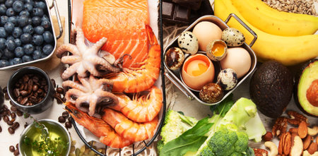 Best food for brain and memory on light background. Food for mind and charge of energy. Healthy lifestyle. Top view. Panorama.の写真素材