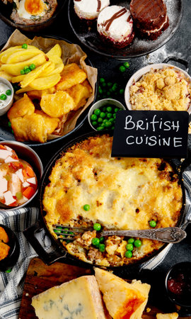 Variety of classic traditional British dishes. Meals good for lunch, snack and dinner on a black background. Top view.の写真素材