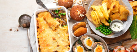 Variety of classic traditional British dishes. Meals good for lunch, snack and dinner on a light background. Top view. Panorama with copy space.の写真素材
