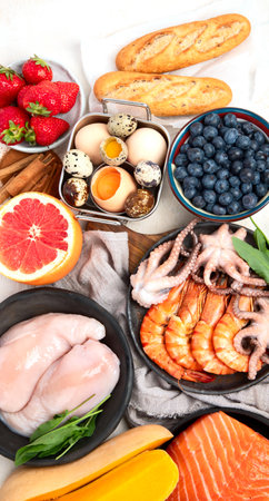 Anti Aging foods on light background. Food for healthy heart, brain and good memory. High in antioxidants, minerals and vitamins. Top view.の写真素材