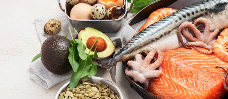 Food rich in omega 3 fatty acids and healthy fats. Healthy keto and low carb diet eating concept. Top view. Panorama with copy space.の写真素材