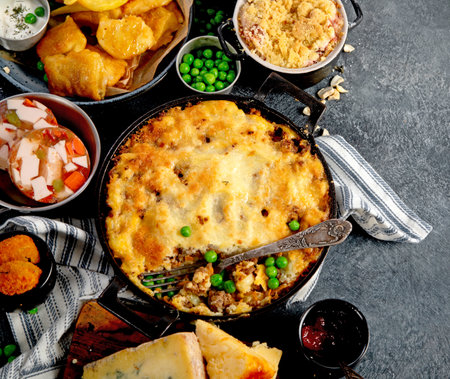 Variety of classic traditional British dishes. Meals good for lunch, snack and dinner on a black background. Top view.の写真素材
