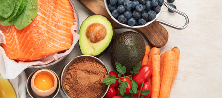 Food for healthy skin. Assortment of various natural food products high in vitamins and minerals for skin health. Nutrition for beautiful supple skin. Top view. Panorama with copy space.の写真素材