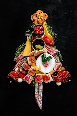 Christmas tree from cheese and meat appetizers on a dark background. Winter holidays snack. Top view.の写真素材
