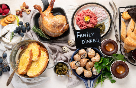 French food assortment on light background. Traditional cuisine concept. Top view.の写真素材