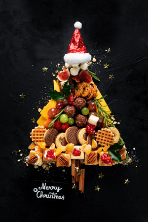 Christmas tree with sweets and cookies decoration on dark background. Holiday food. Top view.の写真素材