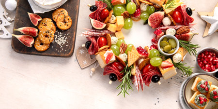 Assortment of cheese and meat appetizers. Christmas wreath on a light background. Top view. Copy...