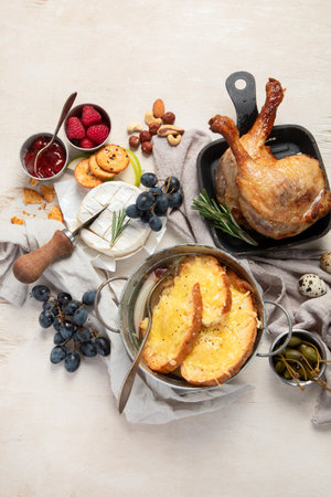 French food assortment on light background. Traditional cuisine concept. Top view.の写真素材