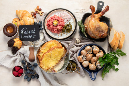 French food assortment on light background. Traditional cuisine concept. Top view.の写真素材
