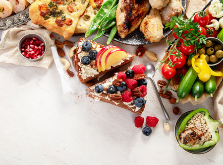Variety Healthy Food On Table for Lunch or dinner with Vitamins and Antioxidants. Top view, copy spaceの写真素材